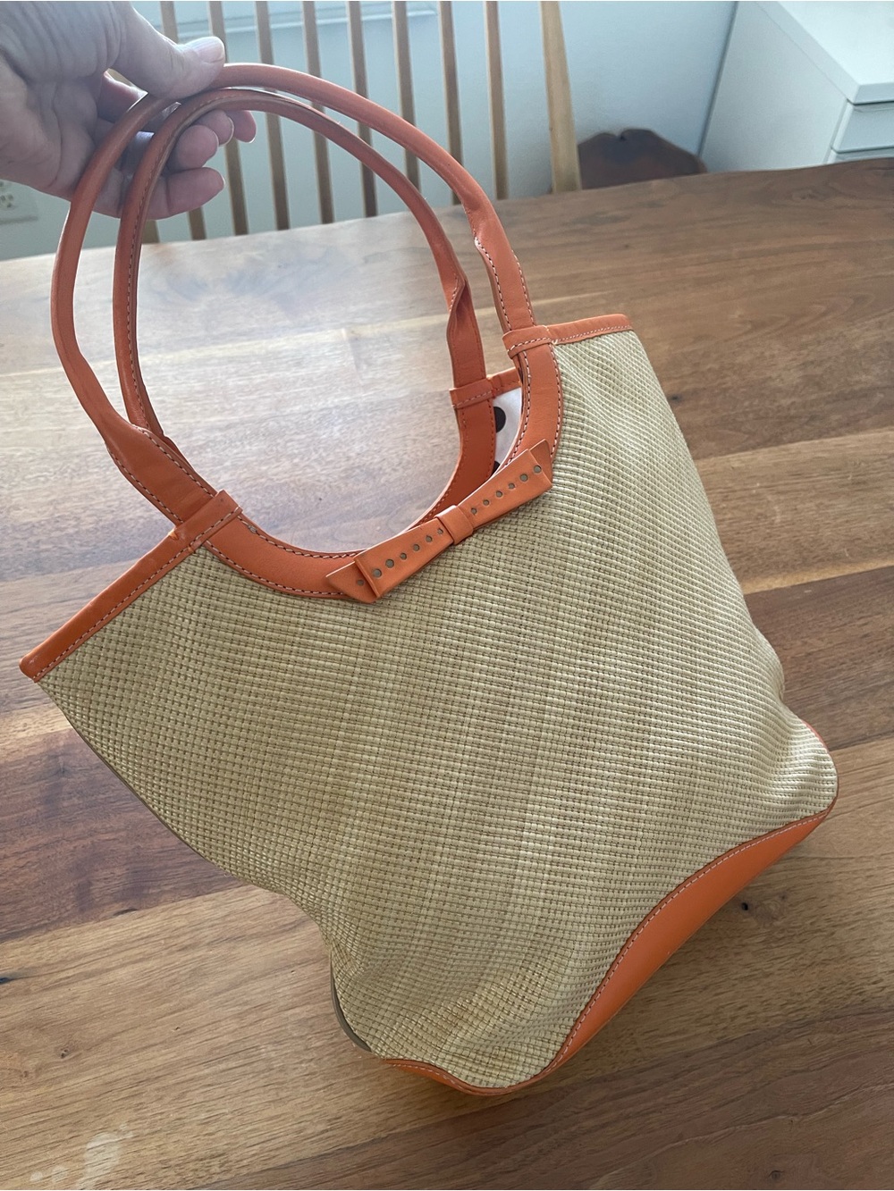 Cole Haan Beige Woven Tote with Orange leather Trim - Women's hand Bag